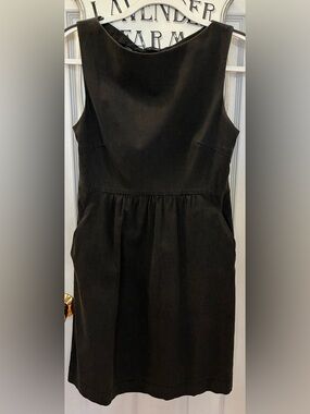 Theory Black Denim Sleeveless Gathered-Waist Mini Dress with Pockets